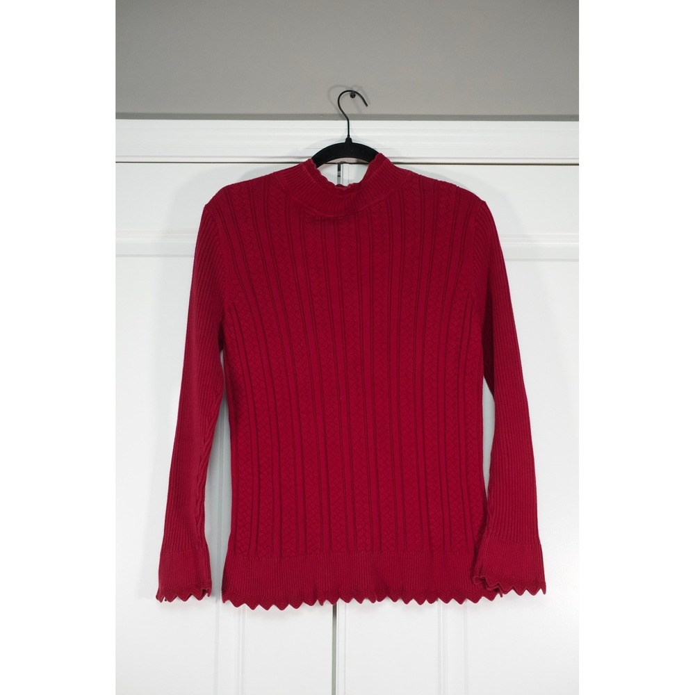 Jeanne Pierre Red Cotton Cable Knit Mock Neck Scalloped Hem Sweater Large